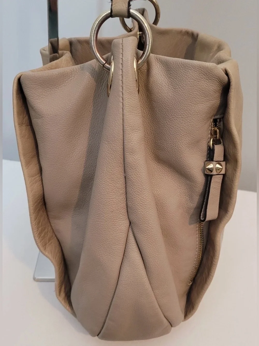 Vince Camuto Leather Hobo Shoulder Bag Taupe Tan Chain Accent Boho